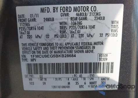 2011 Ford Escape Limited из США, поврежденный, VIN 1FMCU9EG5BKB28684